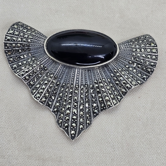 Vintage Judith Jack Art Deco Style Large Black Onyx & Marcasites Sterling Silver - Picture 9 of 10